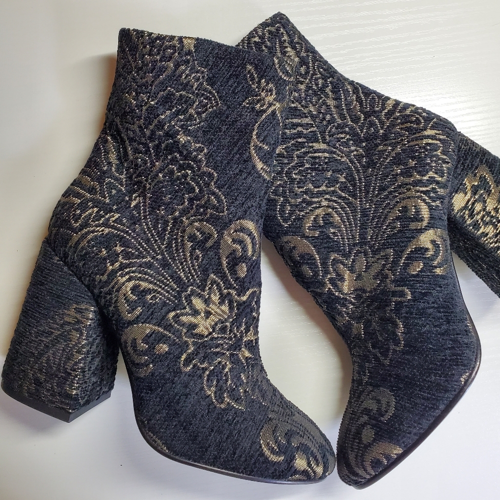 Ash Fedora chunky heel metallic brocade ankle boot